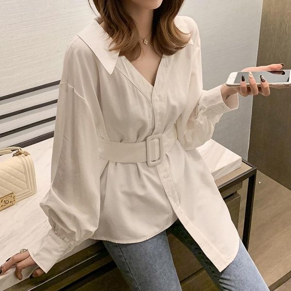 

2020 autumn new women's blouse sleeve with belt loose chiffon long shirts, White