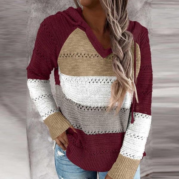

casual women autumn long sleeve stripe patchwork knitted pullover hooded sweater1, White;black