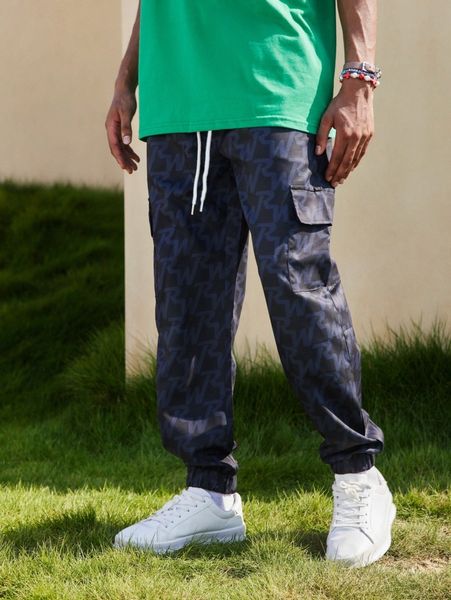 

romwe guys letter print drawstring cargo pants f5t8#, Black