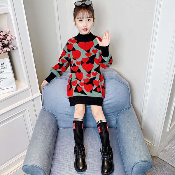 

2020 winter children's new school middle long korean girls' print bottomed sweater ka6u, Blue