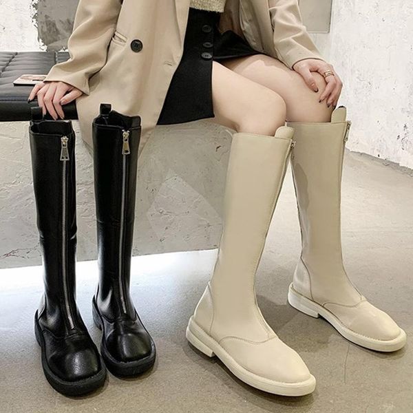 

boots 2021 winter fashion women thigh high long flat beige low heels knee soft leather round head party shoes1, Black
