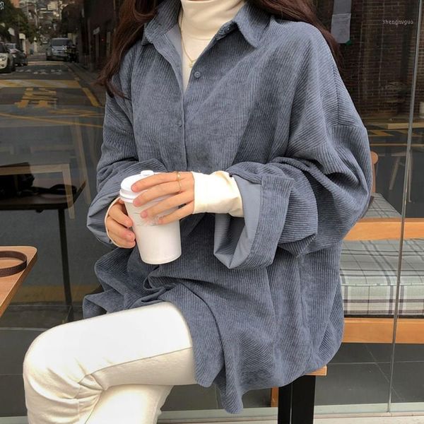 

2019 fall women solid warm loose blouses long sleeve vintage corduroy shirts batwing sleeve loose shirts, White