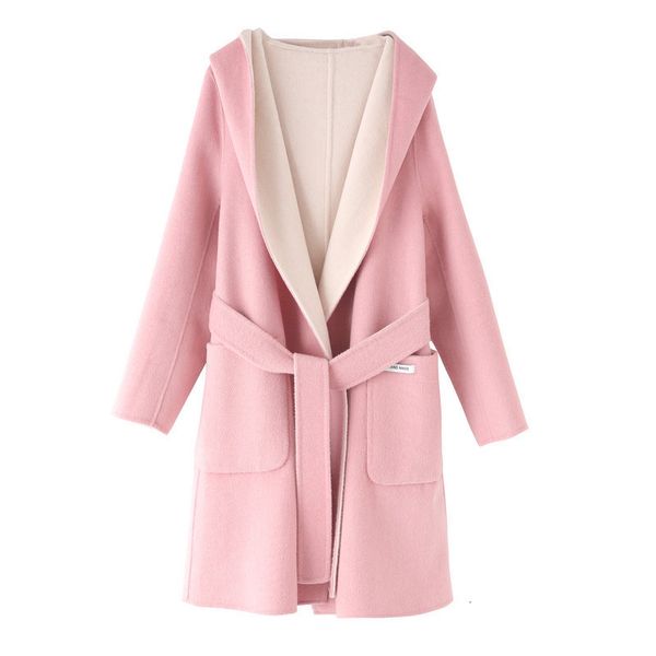 

2021 new fashion hooded autumn winter woolen two side wear women 100% wool jacket coat chaqueta mujer ezmh, Black