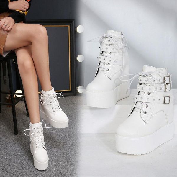 

2020 women fall winter new lace-up shoes super high heel female waterproof platform shoes inner height-increasing thick boots, Black