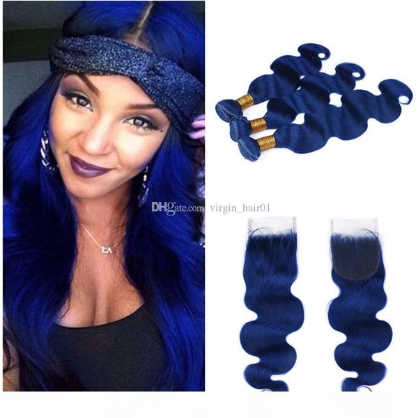 

brazilian virgin human hair extension body wave blue lace closure with bundles 4x4 bleached knot blue hair weaves with closure, Black;brown