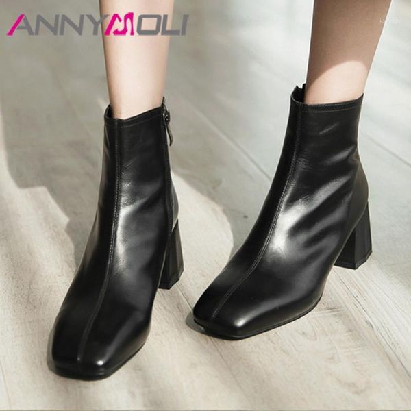 

boots annymoli short women shoes real leather high heel ankle square toe thick heels zip lady autumn winter black 431