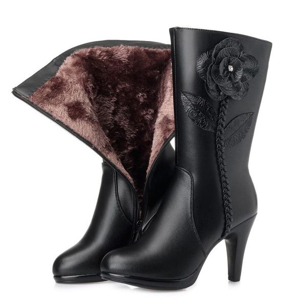 

boots 2021 winter warm plush / wool snow woman's high heels classic flower fashion genuine leather in-tube, Black