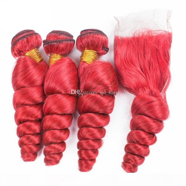 

loose wave virgin human hair 3 bundles with lace closure 4pcs lot ruby red loose curly hair weft with closure 4x4, Black;brown