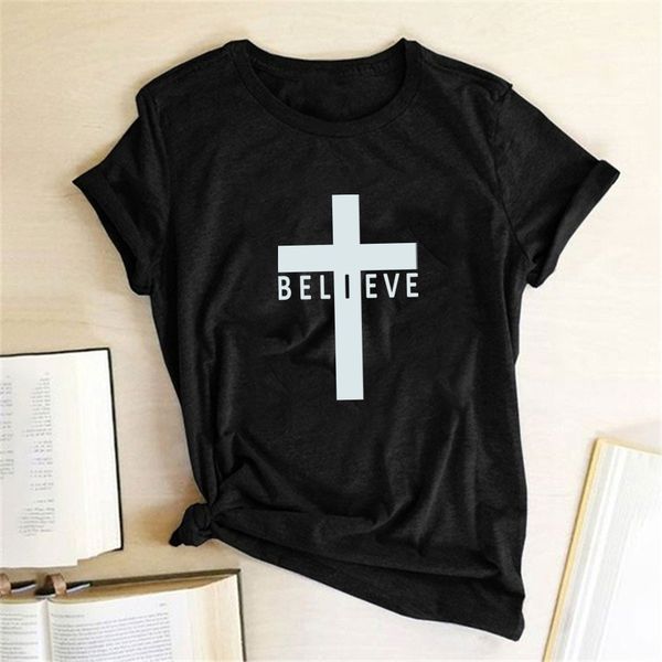

cross believe printing t-shirts women shirts summer woman clothes casual femme graphic tees aesthetic o neck mujer camisetas, White