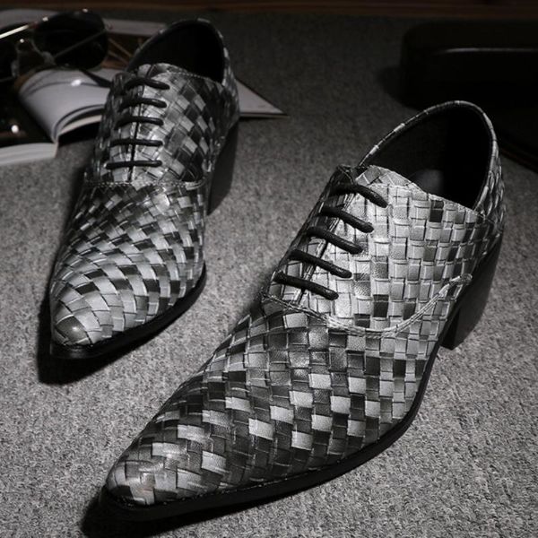 

christia bella new british big size pointed toe men trellis lace up brogue shoes real leather men heighten business dress shoes, Black