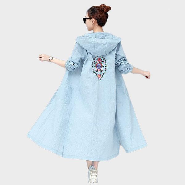 

trending products women sun protection clothing summer large size embroidered hooded long coat ultra-thin anti-uv outwear 731, Tan;black