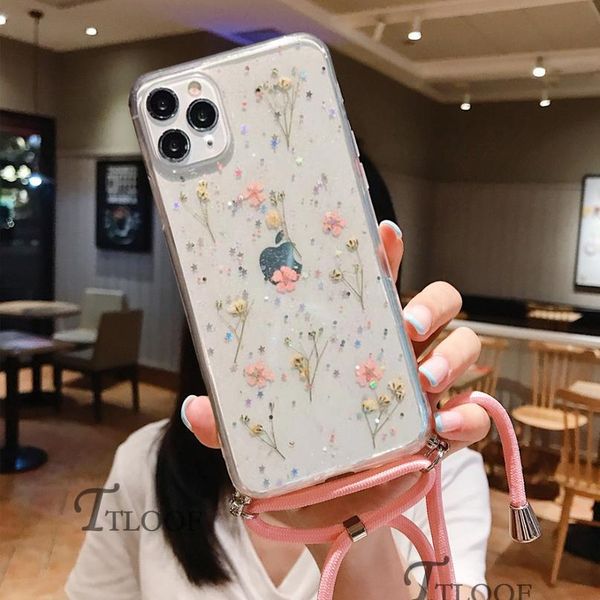 

real dired dry flower lanyard strap cord chain case for iphone 11 12 pro max mini 8 7 6 6s jllaxe