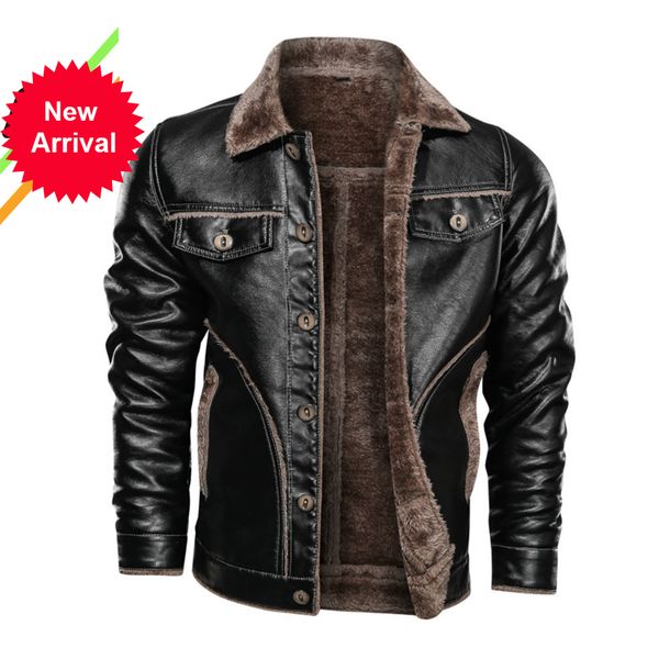 

2021 kb new men's street windbreaker coat leather clothing thick fleece men casual jacket pu hqdv, Black