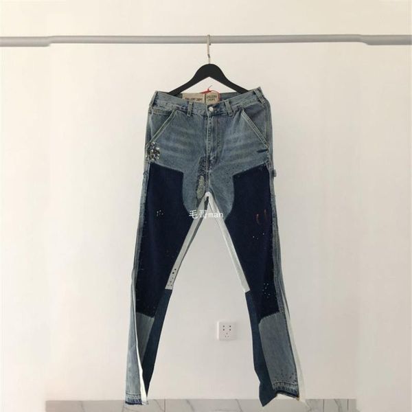 

2020fw gallery dept jeans men women quality denim pants patchwork damage cowboy slim fit patchwork pants, Blue