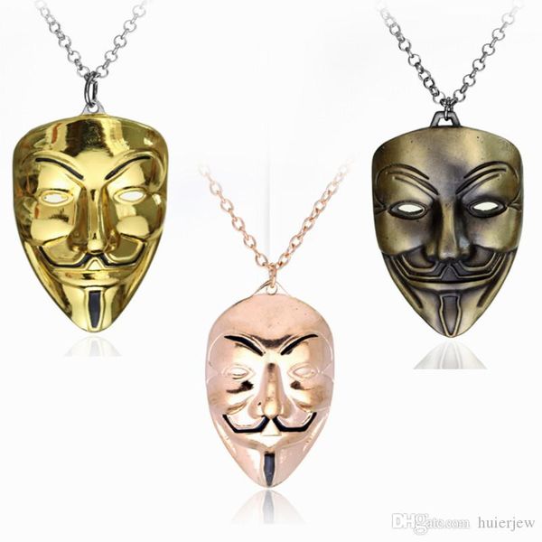 

hip hop jewelry v for vendetta mask charm pendant necklace cuban link chain metal jewelry mens necklaces, Silver