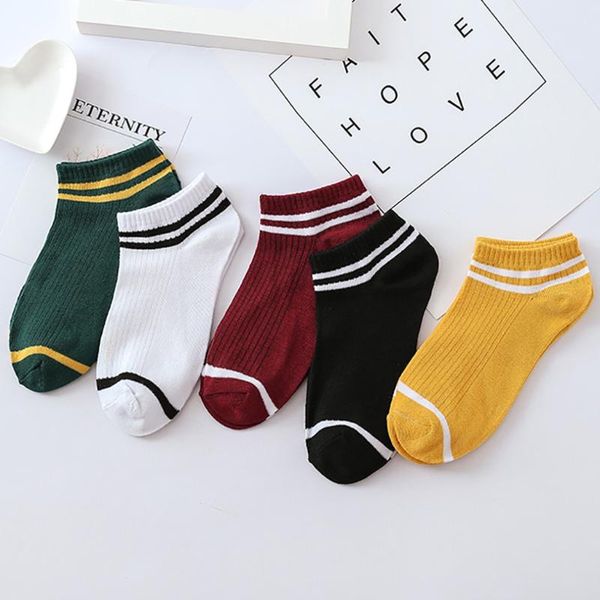 

5pairs women socks spring 1 pair long socks girls cotton color stripe comfortable cotton sock slippers short ankle 5.3, Black;white