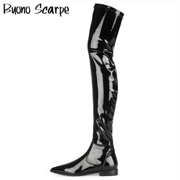 

patent leather women thigh high boots pointed toe flat designer long boots over the knee zipper shoes chaussure femme botas, Black