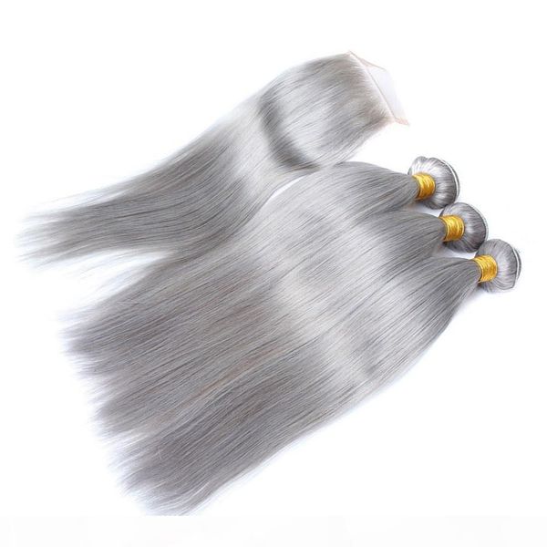 

brazilian silver grey human hair weaves with closure silky straight grey colored virgin hair 3bundles with 4x4 lace front closure, Black;brown