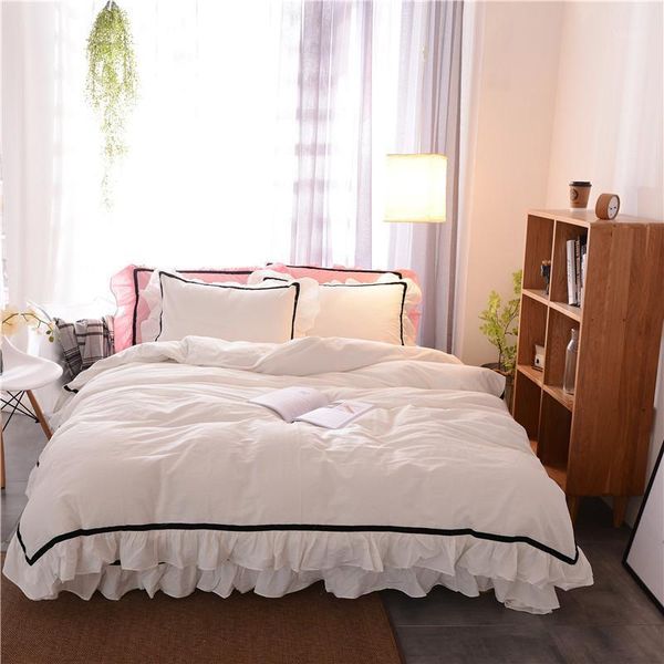 

2020 princess style washed cotton white coffee ruffles bedding set luxury duvet cover flat sheet bed linen/quilt cover set1