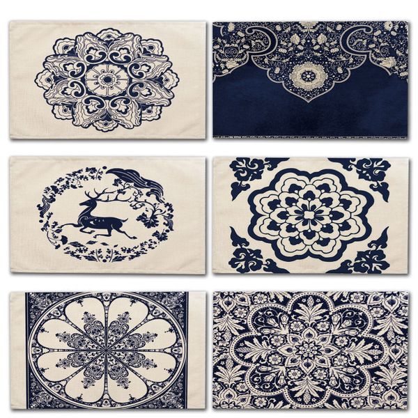 

1pcs blue and white porcelain pattern placemat dining table mat tea coaster cotton linen pad cup mats 42*32cm home decor mc0034