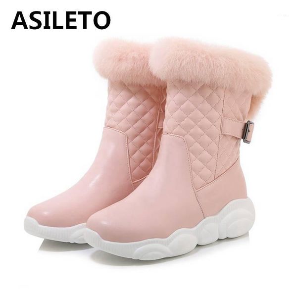 

boots asileto women snow winter mid-calf fur platform height increasing faux leather round toe bukle casual pull on puls 461, Black