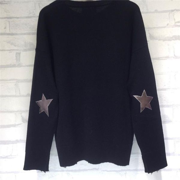

2021 winter black violet woman cashmere sweater drop shoulder frayed hem wide sleeves with star patch fashion jumpers, White;black