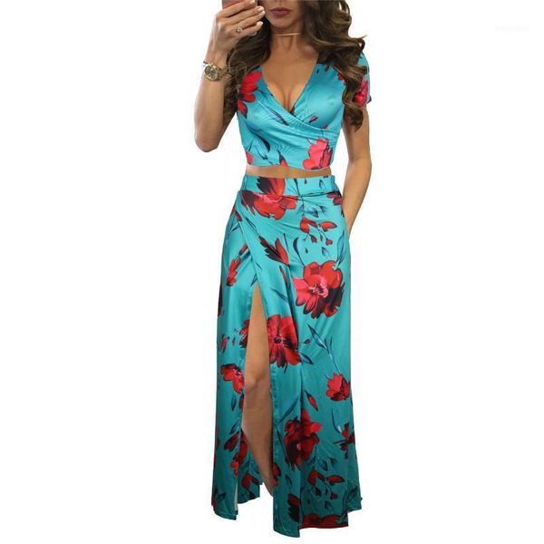 

plus size floral print vintage short sleeve 2 piece set women long dress summer casual slim v-neck split robe maxi vestidos1, White;black