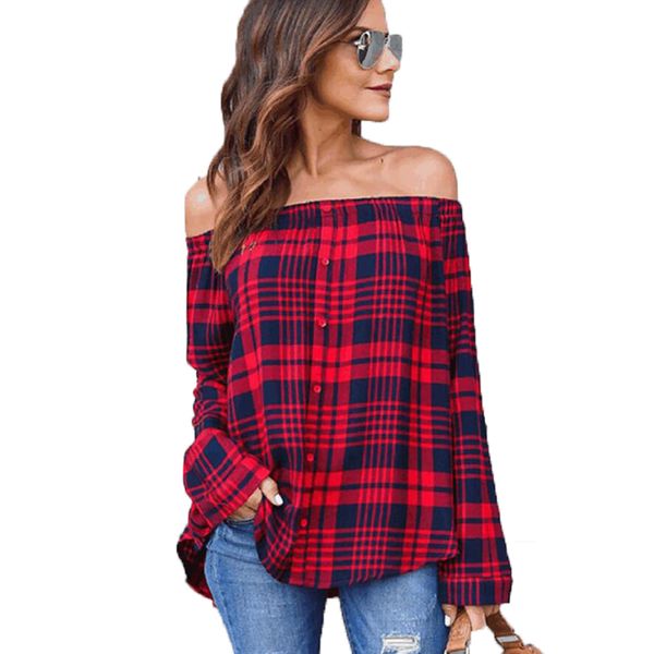 

spring summer women plaid shirts slash neck long sleeves single breast pullover women grid printed off shoulder blouse, White