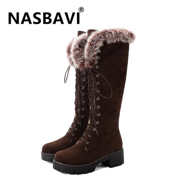 

новый раунд ног высокие каблуки снега сапоги для женщин теплый меховой зимней обуви knee high меховые толстым дном сапоги не скользят для же, Black