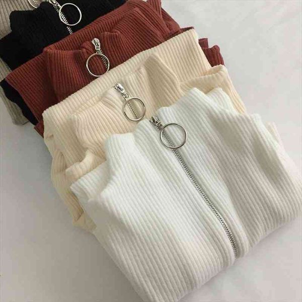 

casual slim mock neck women sweater ladies winter fashion korean harajuku long sleeve zipper solid knitted pullovers sweater top, White;black