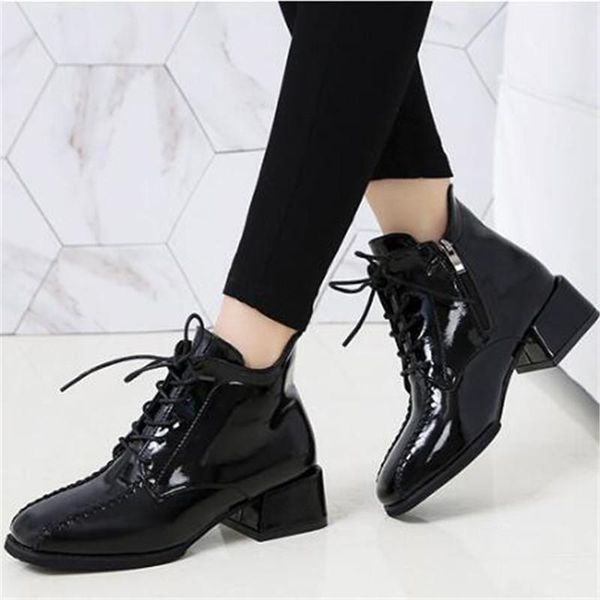 

new winter england lace-up women's leather boots women square toe thick with bare warm boots high heels black eu size 35-401