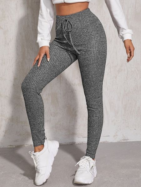 

knot waist rib-knit solid leggings m4cz#, Black