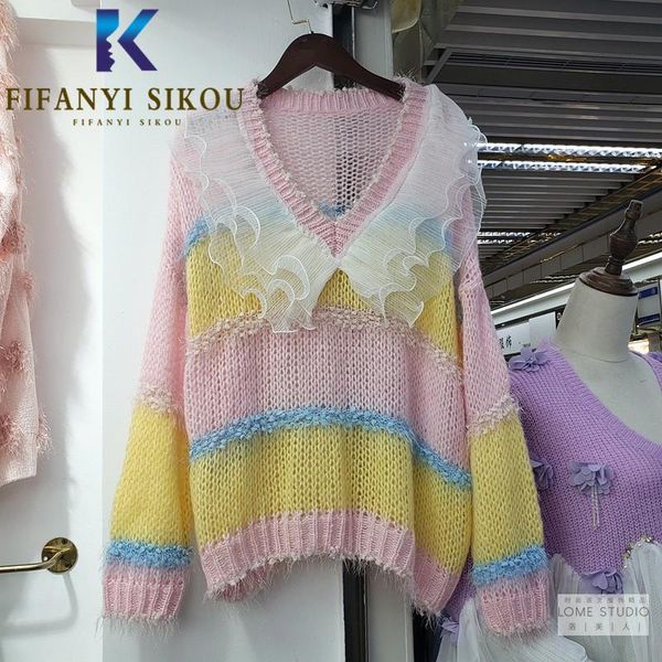 

rainbow colors fashion knitted sweater women mesh spliced v-neck long sleeve pullovers female autumn loose warm sweaters, White;black