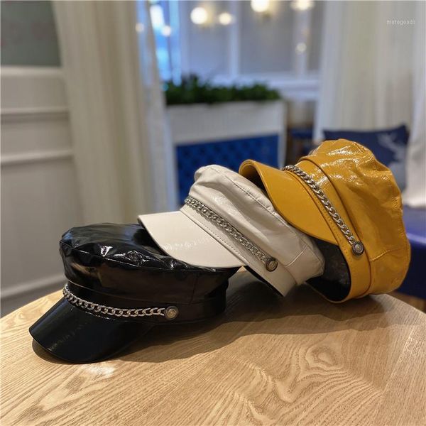 

fashion pu leather hat autumn sailor hat for women men chain berets flat female travel cadet captain cap1, Blue;gray