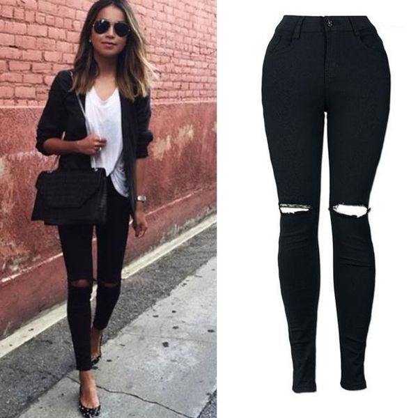 

woman jeans high waist black trousers new korean style women slim pencil trousers cool ripped knee cut skinny long jeans9.191, Blue