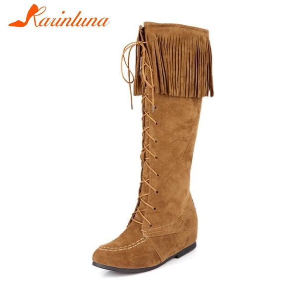 

karin new fashion female autumn casual boots round toe height increasing high heels fringe women boots mid calf women shoes, Black