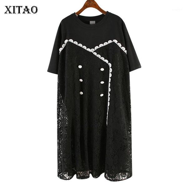 

xitao vintage elegant plus size dress patchwork lace slim women clothes 2019 french fashion pullover short sleeve summer xj16911, Black;gray