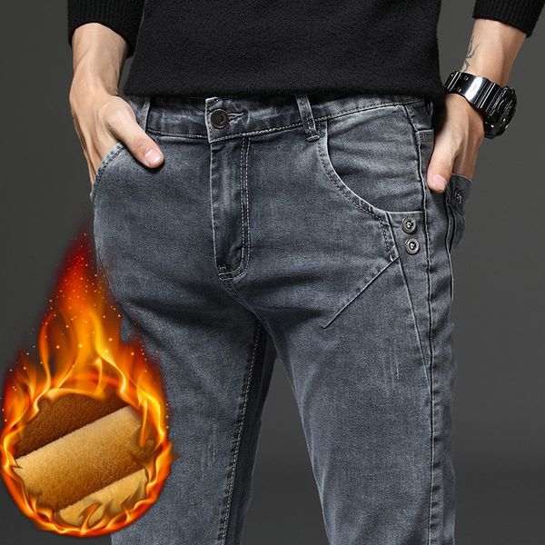 

2021 new korean style fashion men jeans retro gray slim fit elastic casual denim trousers newly designer winter velvet warm pencil pants 1rg, Blue