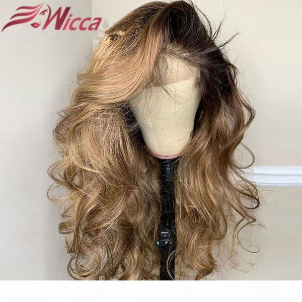 

wicca honey blonde colored ombre invisible highlight 13x6 lace front human hair wigs preplucked baby hair wavy brazilian remy, Black;brown