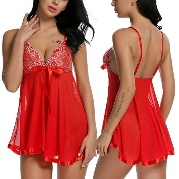 

womens lace babydoll g-string underwear ladies lingerie mini sleepwear dress, Black;red