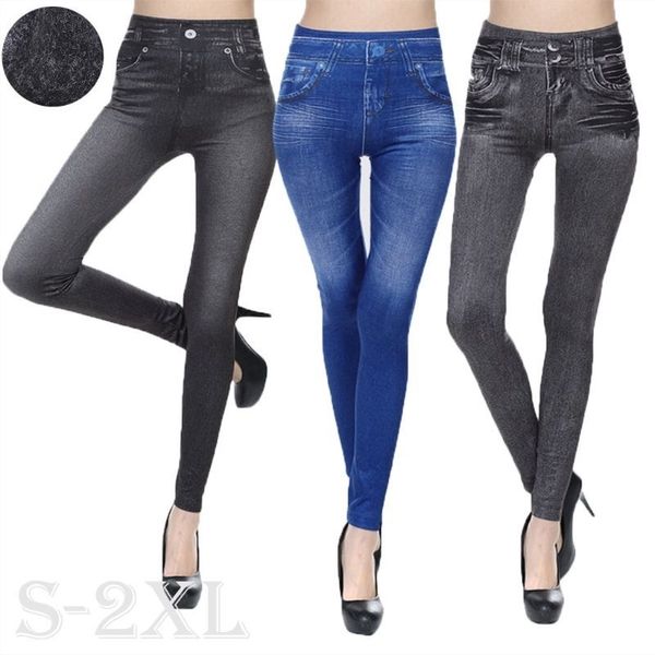 Mulheres lã alinhada jeggings de inverno sem costura leggings senhora ocasional cintura alta faux jeans jeans slim lápis calças leggings 201109