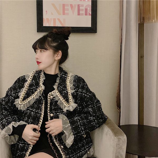 

autumn and winter new style woven mesh stitched doll collar plaid jacket