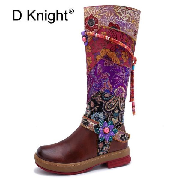 

retro bohemian knee high boots women shoes woman genuine leather cowgirl boots vintage zipper flat heel lady boot shoe 2020 new, Black