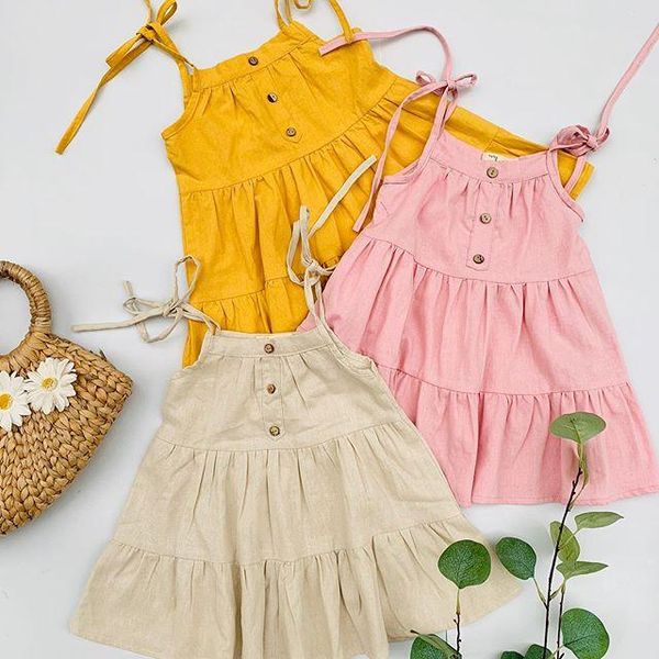 

focusnorm princess infant kids girls dress shoulder strap solid color sling button cake layered a-line dress 0-5y, Red;yellow