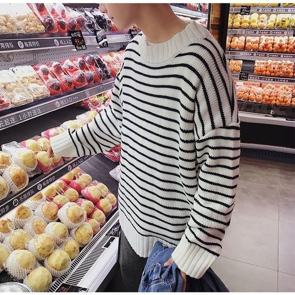 

retro 2021 new striped male fall and winter loose base sweater around the neck vvyf, White;black