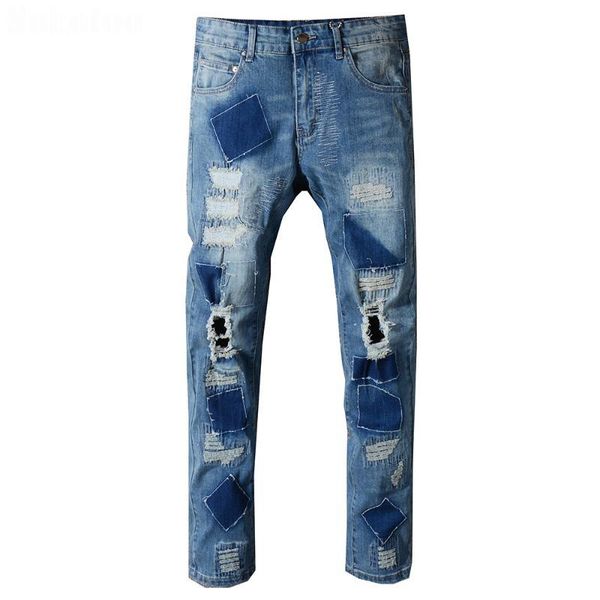 

men's holes patches design beggar jeans slim straight patchwork distressed torn blue stretch denim pants kg-539