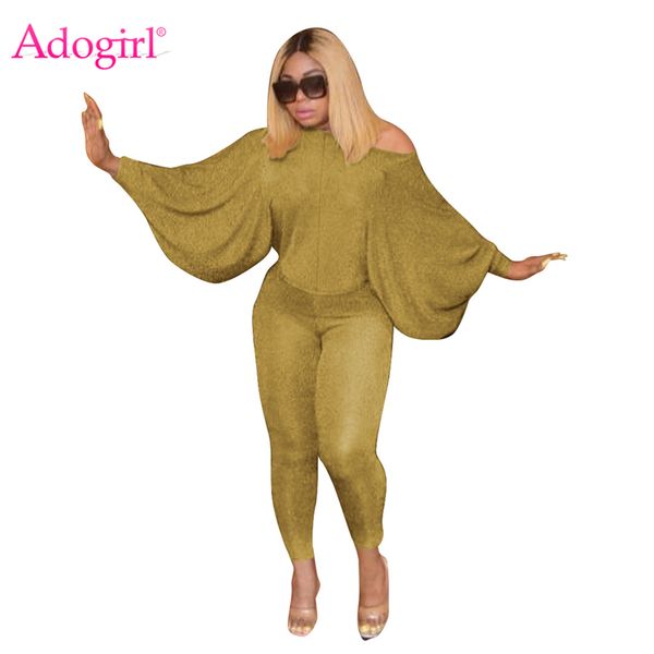 

adogirl shining sequins silk fashion casual two piece set off shoulder batwing sleeve pencil pants women clothing 201007, White
