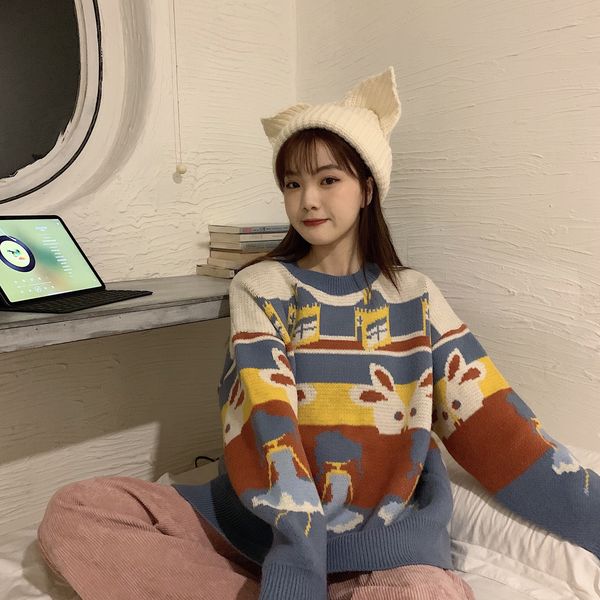 

autumn and winter new korean lovely loose rabbit sweater student girl, White;black