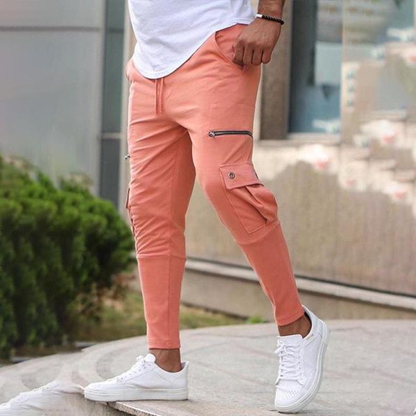 

men's pants men pure cotton joggers zipper decoration pockets overalls trousers casual fitness exercise pencil, Black