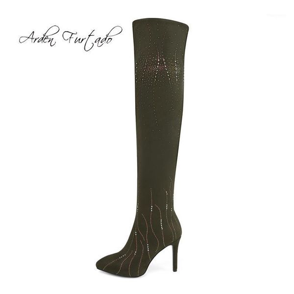 

arden furtado 2020 spring autumn slip on stilettos high heels 10cm crystal rhinestone over the knee boots stretch boots size 331, Black